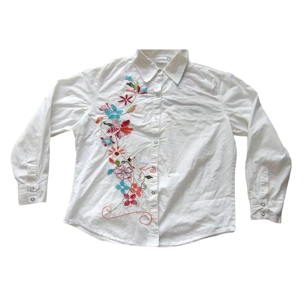 Chicos Floral Embroidery White Button Down Shirt Long Sleeve Women's Size 2